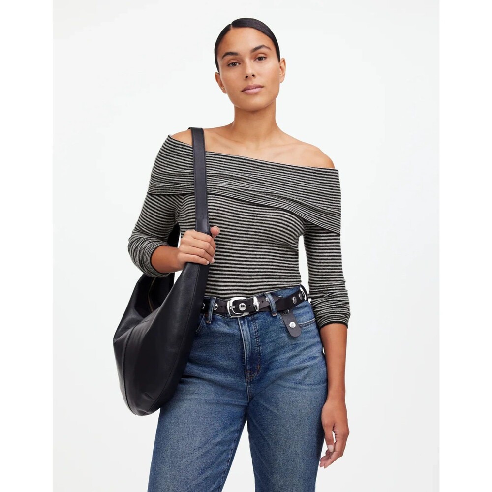 Madewell Sweater Top XS Alpaca Blend Black White Striped Off The Shoulder NT548